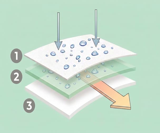 Exploded diagram of Yugho three fabric layers: wicking, barrier, and vapor release