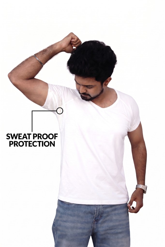 Yugho sweat-proof undershirt with underarm sweat proof protection callout