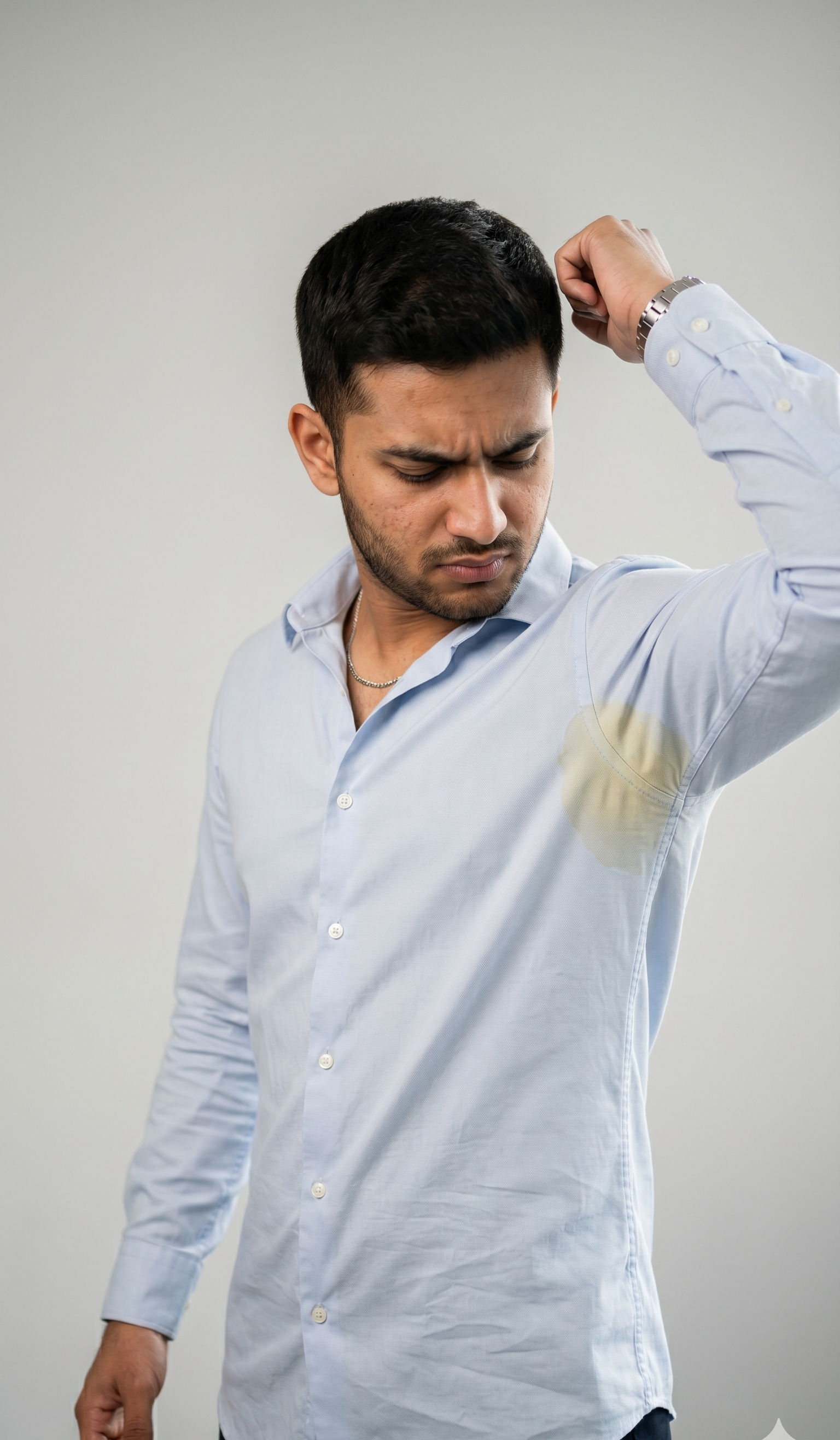 Man checking shirt underarm showing sweat marks